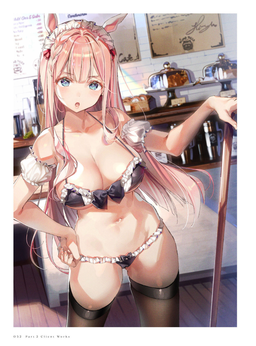 1girl animal_ears bangs bare_shoulders black_legwear blue_eyes blush bow bow_panties bra breasts cleavage collarbone dsmile fake_animal_ears frills hair_ornament hand_on_hip highres holding indoors large_breasts looking_at_viewer maid_headdress navel open_mouth original panties pink_hair puffy_sleeves shiny shiny_hair simple_background solo standing stomach thighhighs thighs underwear