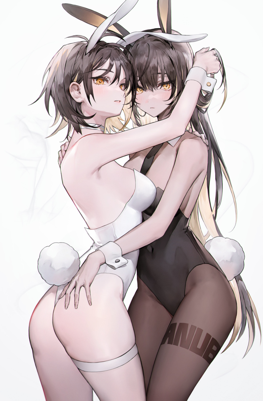 2girls animal_ears ass bangs black_leotard black_necktie blonde_hair blush breasts brown_hair brown_legwear choker collar covered_navel detached_collar fake_animal_ears fake_tail hair_between_eyes hand_in_another's_hair hand_on_another's_hip highres hug leotard long_hair looking_at_viewer looking_to_the_side medium_breasts muaooooo multicolored_hair multiple_girls necktie original pantyhose parted_lips playboy_bunny rabbit_ears rabbit_tail serious short_hair sideboob simple_background tail thigh_strap two-tone_hair white_background white_choker white_collar white_leotard wrist_cuffs yellow_eyes