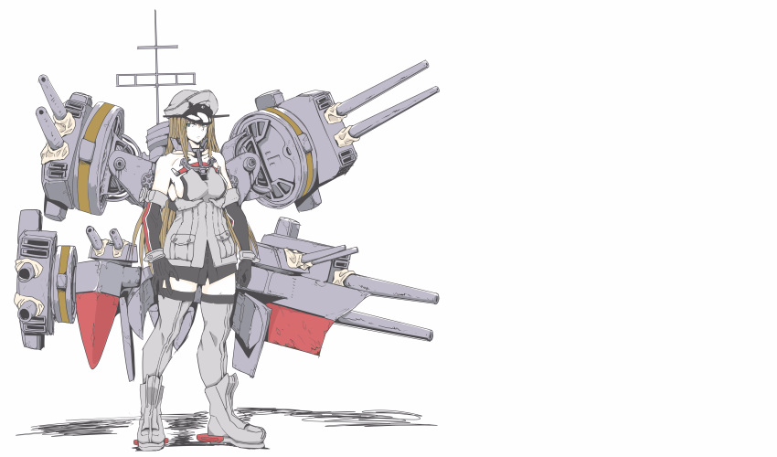1girl absurdres bare_shoulders bismarck_(kancolle) blonde_hair blue_eyes bow breasts elbow_gloves gloves grey_bow grey_legwear hat highres kantai_collection kimuwaipu long_hair looking_to_the_side mast medium_breasts military_hat rigging solo thighs turret white_background