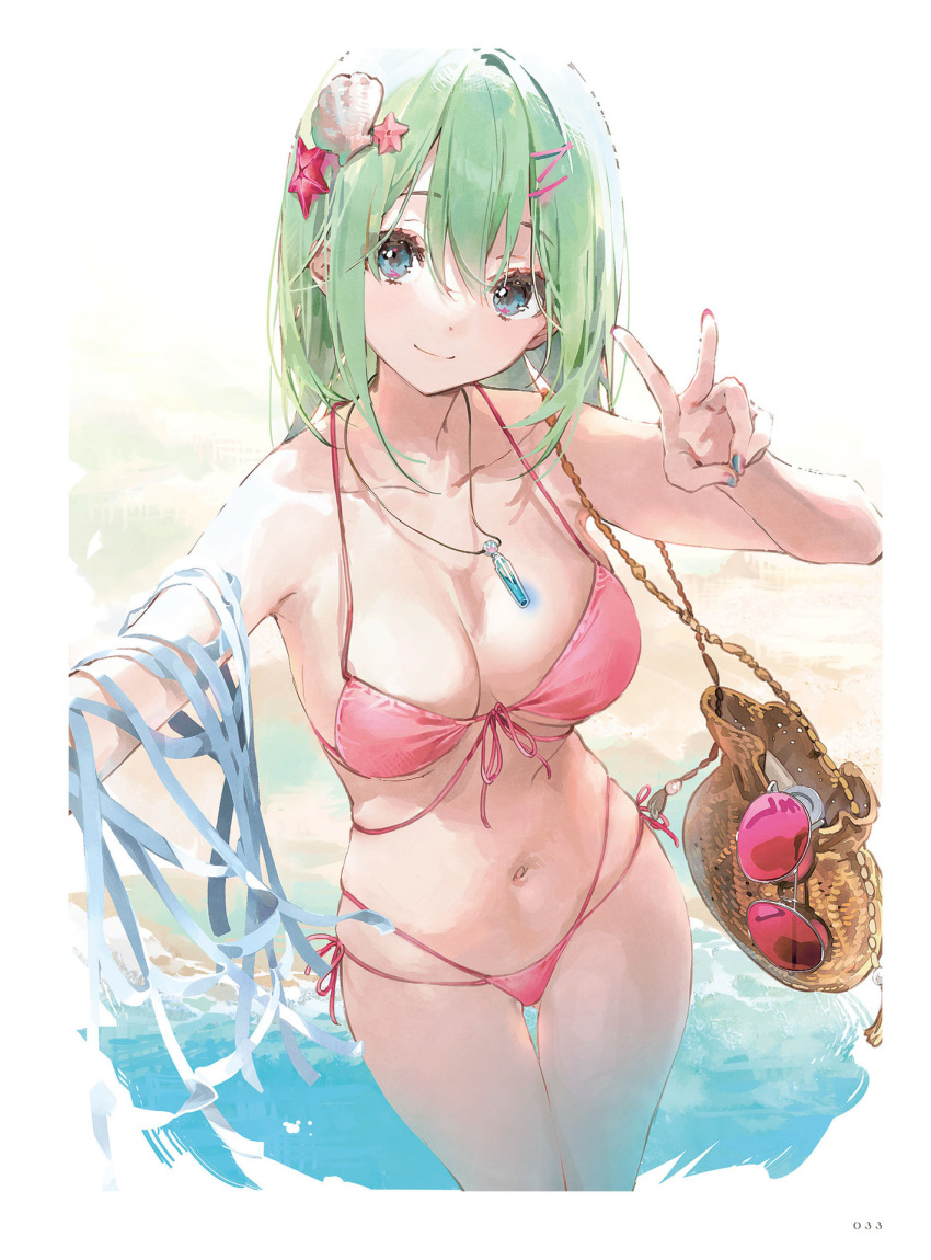 1girl bag bangs bare_shoulders bikini blue_eyes breasts cleavage closed_mouth collarbone dsmile fingernails green_hair hair_ornament hairclip hand_up head_tilt highleg highres jewelry looking_at_viewer medium_breasts navel necklace original pink_bikini seashell shell shiny shiny_hair short_hair simple_background smile solo stomach sunglasses swimsuit thighs v