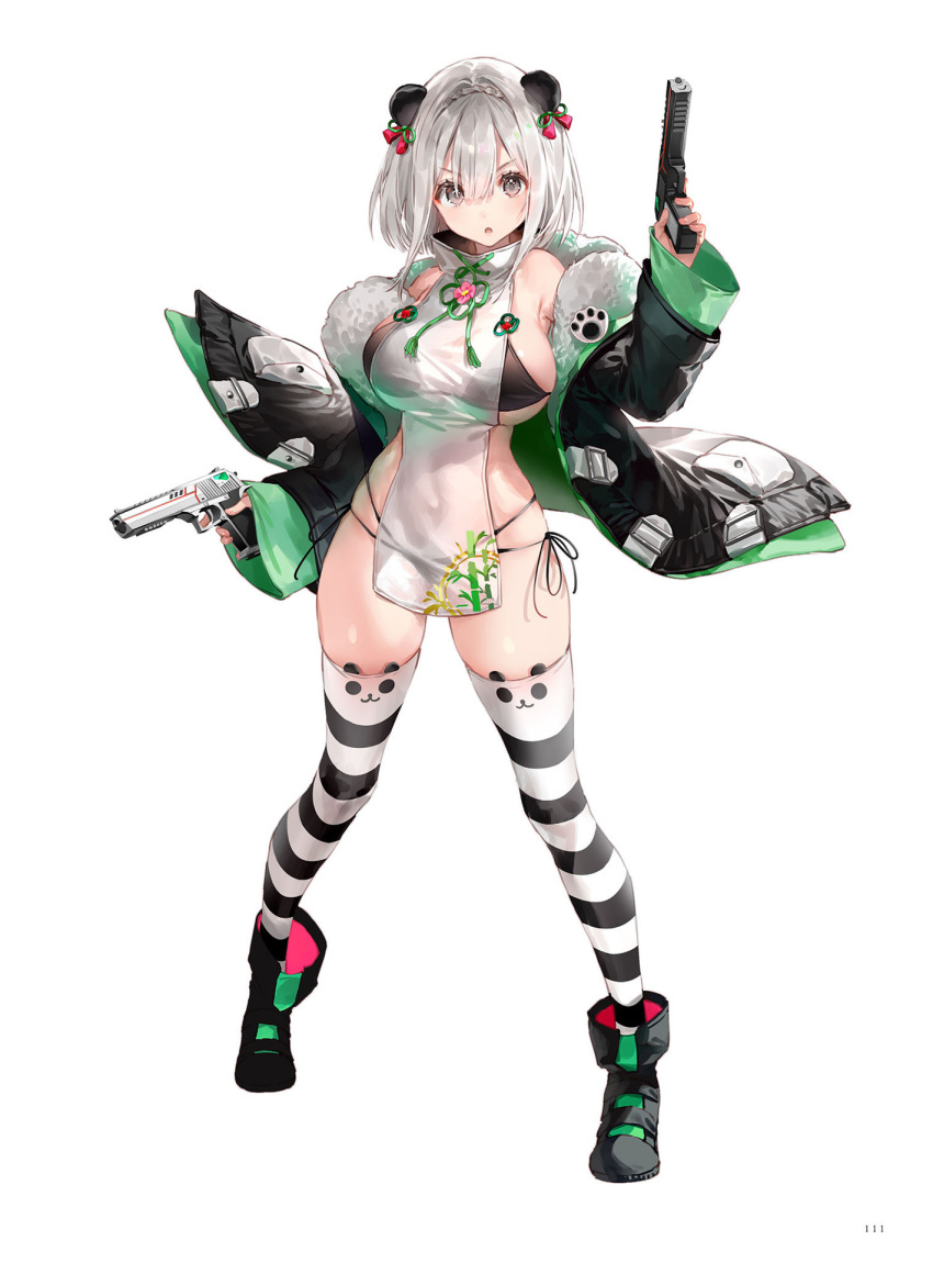 1girl ankle_boots bangs bare_shoulders black_bra black_panties boots bra breasts brown_eyes covered_navel desert_eagle dsmile dual_wielding eyebrows_visible_through_hair full_body grey_hair gun hair_ornament handgun highres holding holding_weapon jacket large_breasts legs_apart looking_at_viewer off_shoulder open_clothes open_jacket open_mouth original page_number panties see-through shiny shiny_hair shiny_skin short_hair side-tie_panties simple_background solo striped striped_legwear tachi-e thighhighs thighs trigger_discipline underwear v-shaped_eyebrows weapon white_background