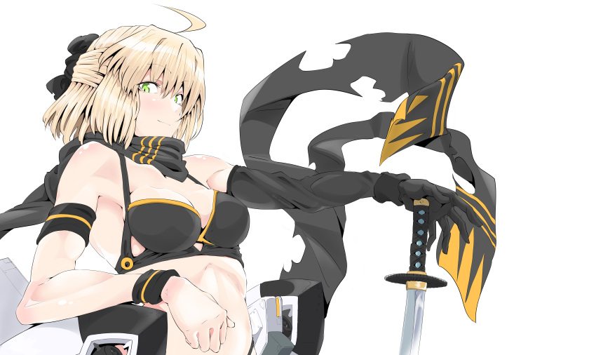 1girl absurdres ahoge bikini bikini_bridge black_bikini black_bow black_gloves black_scarf blonde_hair blush bow cowboy_shot elbow_gloves fate/grand_order fate_(series) gloves green_eyes hair_between_eyes hair_bow highres katana kimuwaipu light_blush light_smile looking_at_viewer okita_j._souji_(fate) okita_souji_(fate) okita_souji_(koha-ace) planted planted_sword scarf short_hair single_elbow_glove smile solo swimsuit sword weapon white_background wristband