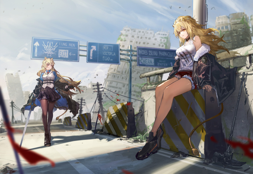 2girls animal_ears ankle_boots arknights bare_legs bare_shoulders black_choker black_footwear black_jacket black_legwear black_skirt blonde_hair blue_sky boots breasts character_request choker commentary day english_commentary great_lungmen_logo highres jacket large_breasts lion_ears long_hair miniskirt mkt_(pixiv15187870) multiple_girls off_shoulder open_clothes open_jacket outdoors pantyhose red_shorts shirt shoes short_shorts shorts siege_(arknights) sitting skirt sky tank_top white_shirt white_tank_top yellow_eyes