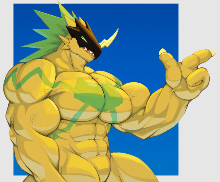 abs anthro armor bandai_namco bulkmon digimon featureless_crotch green_eyes headgear helmet male muscular muscular_anthro muscular_male pecs scalie solo yellow_body zhangkuu