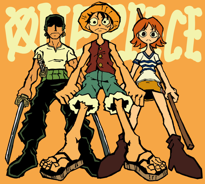 1girl 2boys absurdres bandana black_bandana black_eyes black_hair blue_shorts brown_footwear earrings fur-trimmed_shorts fur_trim green_hair green_pants hat highres jet_set_radio jet_set_radio_future jewelry josh-s26 monkey_d._luffy multiple_boys nami_(one_piece) one_piece orange_eyes pants red_vest roronoa_zoro sash shirt shorts standing straw_hat sword vest weapon white_shirt