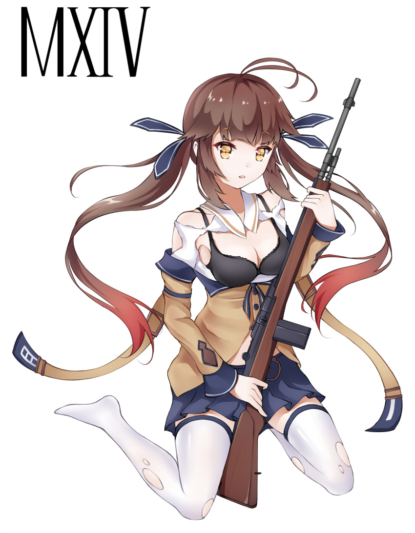 1girl bangs battle_rifle black_bra blue_skirt bra breasts brown_hair brown_jacket chinese_commentary clark_(159123) cleavage eyebrows_visible_through_hair full_body girls'_frontline gun hair_ribbon highres holding holding_gun holding_weapon jacket light_brown_eyes long_hair looking_at_viewer m14 m14_(girls'_frontline) medium_breasts multicolored_hair no_shoes on_floor open_mouth ribbon rifle skirt solo streaked_hair thighhighs torn_clothes torn_jacket torn_legwear twintails underwear weapon white_background white_legwear