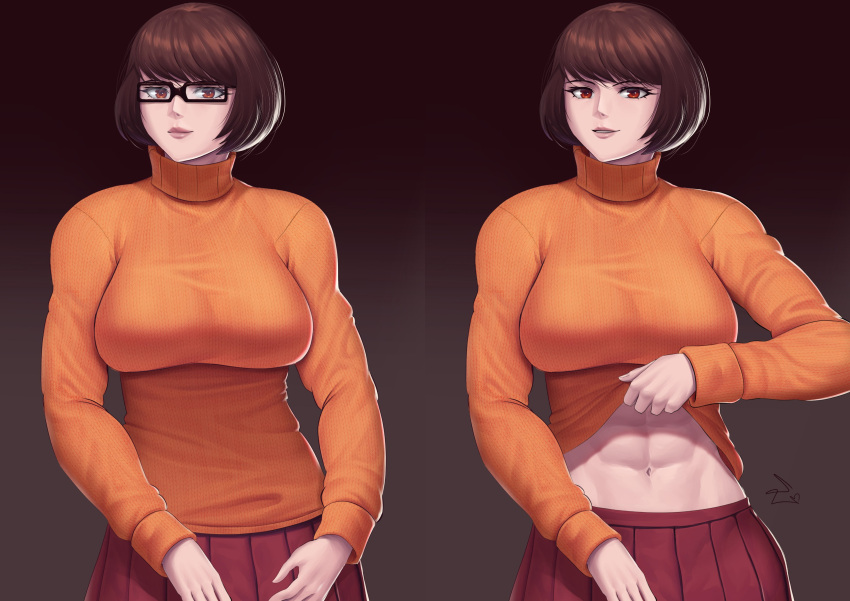 1girl abs absurdres bob_cut breasts brown_hair clothes_lift glasses highres large_breasts red_eyes scooby-doo shirt_lift short_hair skirt speedl00ver sweater toned turtleneck turtleneck_sweater velma_dace_dinkley