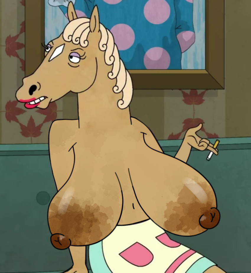 absurd_res anthro areola beatrice_horseman big_breasts blonde_hair bojack_horseman breasts cigarette cleavage clothed clothing digital_media_(artwork) edit edited_screencap equid equine female hair hi_res horse huge_breasts makeup mammal netflix nipples orphazoid screencap smoking solo