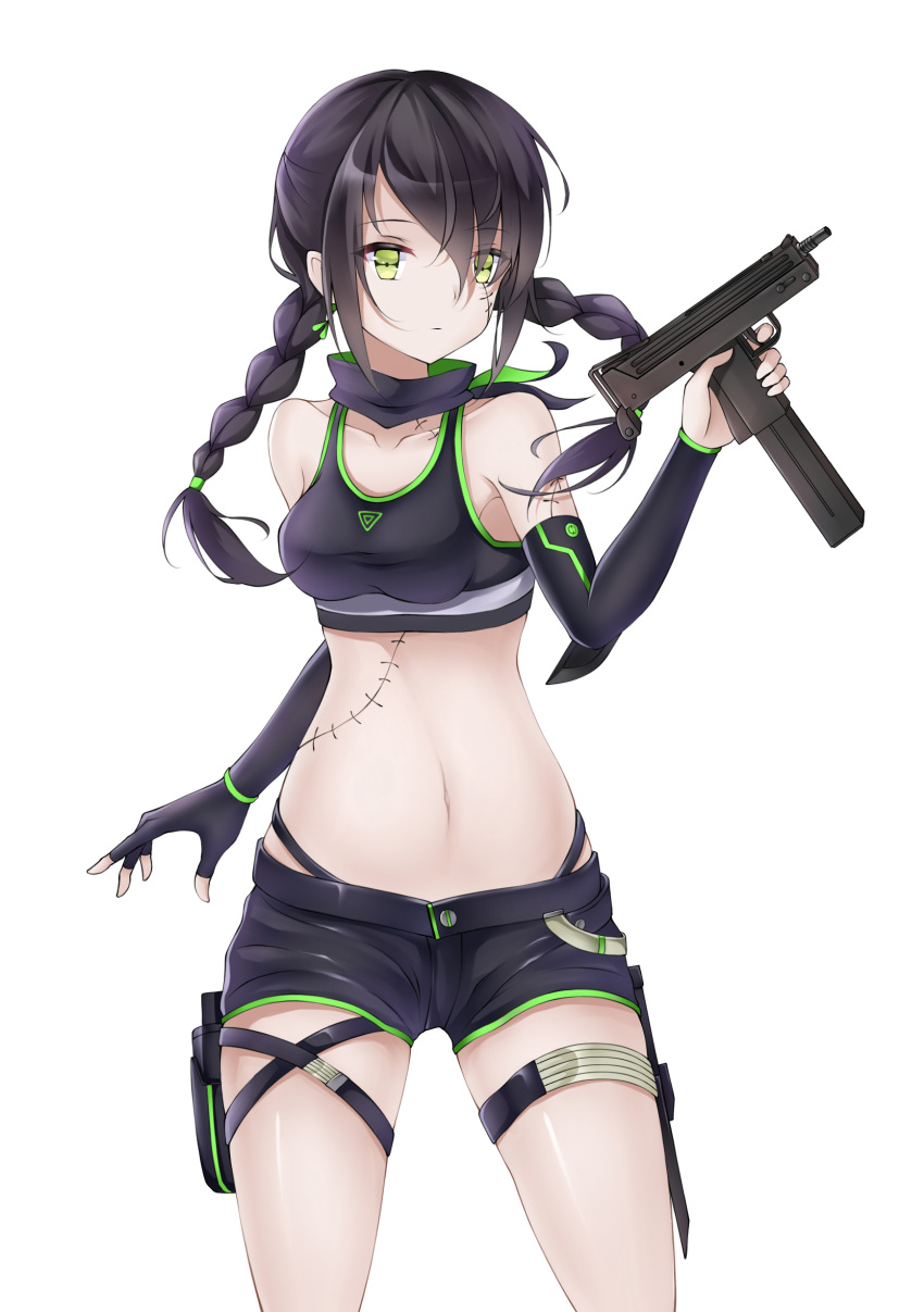 1girl bangs black_gloves black_hair black_shorts black_sports_bra braid breasts clark_(159123) cleavage closed_mouth collarbone elbow_gloves eyebrows_visible_through_hair feet_out_of_frame girls'_frontline gloves green_eyes gun highres holding holding_gun holding_weapon holster long_hair looking_at_viewer low_twintails mac-10 mac-10_(girls'_frontline) medium_breasts navel scar scar_across_eye scar_on_neck scar_on_stomach scarf shorts solo sports_bra standing submachine_gun twin_braids twintails weapon white_background