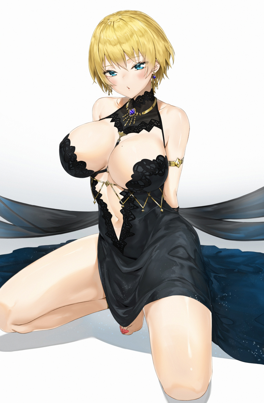 1girl absurdres arms_behind_back bangs black_dress blonde_hair blue_eyes blush breasts cleavage cleavage_cutout clothing_cutout dress earrings eyebrows_visible_through_hair girls'_frontline highres jewelry large_breasts looking_at_viewer mole mole_on_breast mole_under_eye nail_polish navel necklace pixel_(yuxian) revealing_clothes shadow short_hair simple_background solo squatting thighs vsk-94_(girls'_frontline) white_background