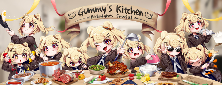 1girl :&lt; :d :q absurdres arknights beef bell_pepper blonde_hair blurry blurry_background bowl bread brown_shirt cake carrot character_name closed_eyes closed_mouth commentary cooking cupcake curly_hair cutting cutting_board eyebrows_visible_through_hair fish food fried_egg fruit frying_pan ginger_root gummy_(arknights) hair_ornament hairclip hand_up heart heart-shaped_pupils highres holding indoors ketchup ketchup_bottle knife ladle lemon lemon_slice long_sleeves looking_at_viewer meat meme multicolored_eyes multiple_girls mustard mustard_bottle neckerchief one_eye_closed open_mouth pastry pepper plate pot red_eyes red_pepper salad salt_bae_(meme) shirt short_twintails sign smile solo_focus split_mouth spring_onion steak stew stirring symbol-shaped_pupils teddyellow tomato tongs tongue tongue_out twintails upper_body v-shaped_eyebrows whipped_cream whisk white_neckerchief yellow_eyes yellow_pepper