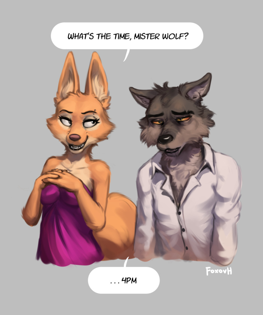 2022 anthro black_nose breasts brown_body brown_fur canid canine canis clothed clothing dialogue diane_foxington dick_flattening dreamworks dress dress_shirt duo english_text eyebrow_piercing eyebrows facial_piercing female fox foxovh fur gesture half-closed_eyes hi_res looking_at_another male male/female mammal meme mr._wolf_(the_bad_guys) narrowed_eyes open_mouth open_smile orange_body orange_fur piercing shirt signature smile speech_bubble steepled_fingers teeth text the_bad_guys tired topwear wolf