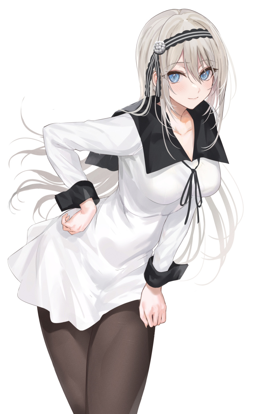 1girl black_legwear black_ribbon black_sailor_collar black_wrist_cuffs blue_eyes breasts closed_mouth collarbone dress eyebrows_visible_through_hair grey_hair hair_between_eyes hand_on_hip headband highres kaguya-sama_wa_kokurasetai_~tensai-tachi_no_renai_zunousen~ leaning_to_the_side long_hair looking_at_viewer medium_breasts mexif neck_ribbon pantyhose ribbon sailor_collar school_uniform shirogane_kei shuuchiin_academy_school_uniform smile solo white_background white_dress