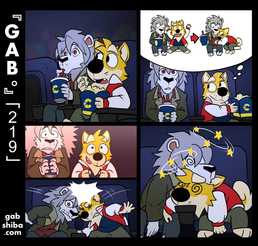 anthro barefoot black_nose canid canine canis clothed clothing comic container cup curled_tail date domestic_dog drinking duo eating fainted feet felid food fur gab_(comic) gab_shiba gabshiba head_bump holding_cup holding_object humor impact_emanata inside lion male mammal movie_theater pain pantherine pictographics popcorn red_eyes romantic romantic_couple scared seeing_stars shiba_inu spiral_eyes spitz star_pupils text thought_bubble url watching_movie white_body white_fur yellow_body yellow_fur