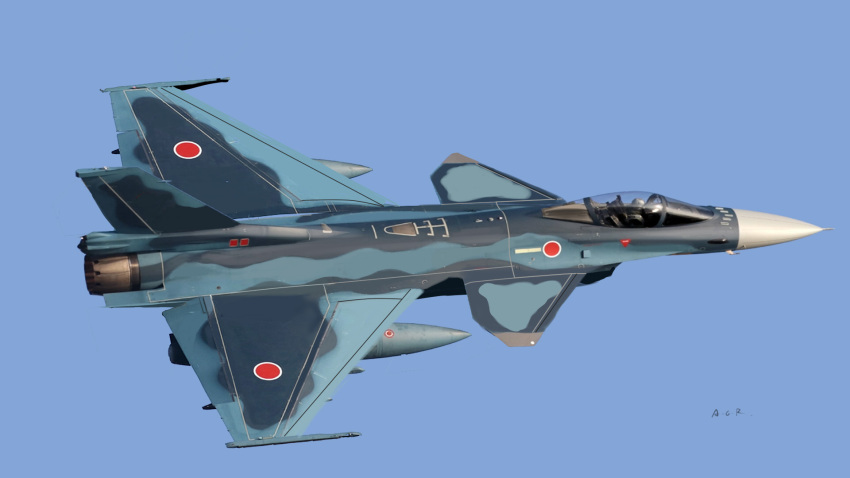 aircraft airplane asterozoa blue_sky camouflage canards f-2 fighter_jet flying helmet highres japan japan_air_self-defense_force japan_self-defense_force jet military military_vehicle original pilot pilot_suit real_life realistic redesign roundel science_fiction signature sky