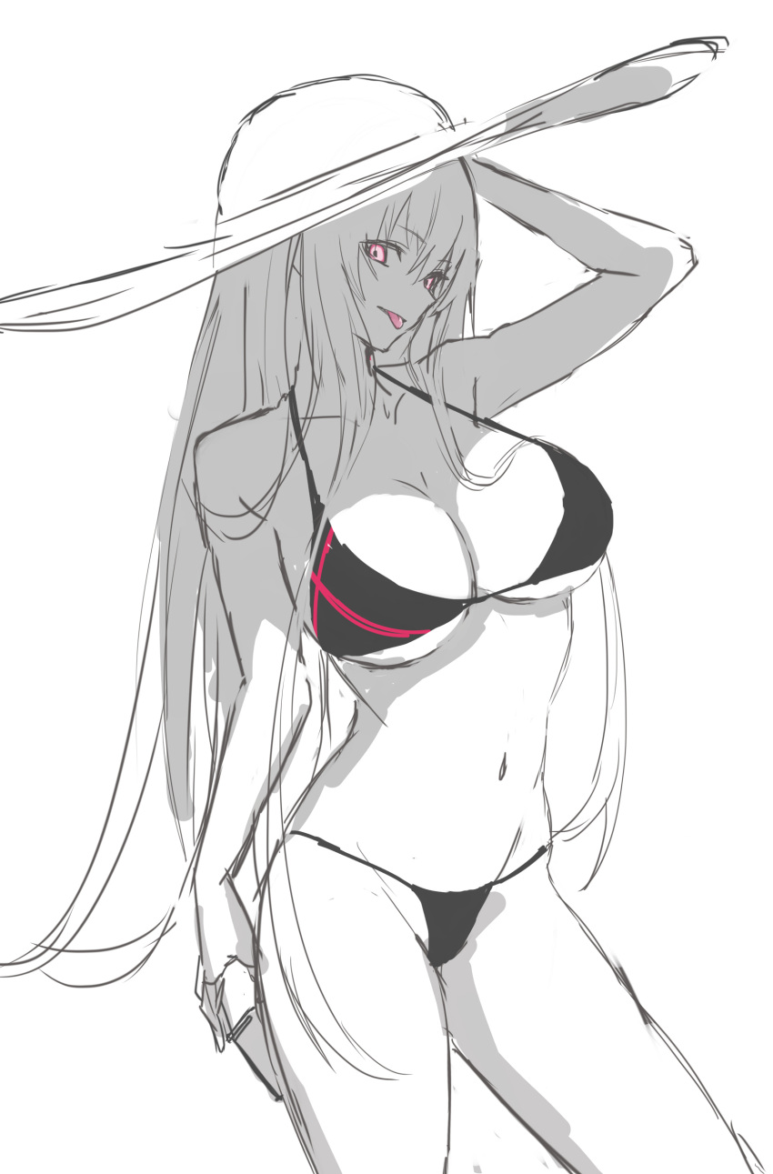 1girl absurdres arm_behind_head bangs bare_shoulders beak_(girls'_frontline) bikini black_bikini black_swimsuit breasts cleavage closed_mouth collarbone eyebrows_visible_through_hair feet_out_of_frame ff_frbb122 from_side girls'_frontline greyscale hat highres large_breasts long_hair looking_at_viewer monochrome navel pink_eyes sangvis_ferri solo standing sun_hat swimsuit tongue tongue_out white_headwear