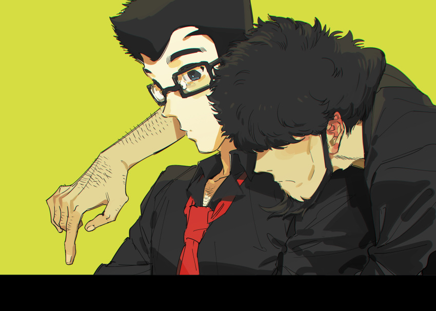 2boys arm_hair arsene_lupin_iii bacchus_lpiii beard black_hair black_shirt blue_eyes chest_hair facial_hair glasses hair_over_eyes highres hug hug_from_behind jigen_daisuke lupin_iii lying multiple_boys necktie on_back red_necktie shirt yellow_background