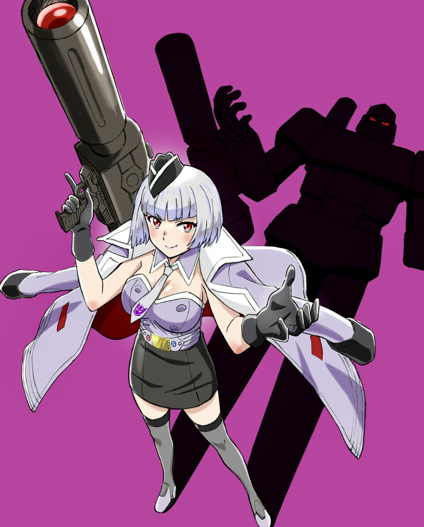 1boy 1girl arm_cannon bangs black_gloves black_headwear black_skirt blue_hair boots cannon clenched_hand commentary_request crop_top cropped_jacket decepticon detached_collar double_bun english_commentary fingerless_gloves frown genderswap genderswap_(mtf) gloves grey_footwear grey_hair gun high_heels highres holding holding_gun holding_weapon index_finger_raised jacket jacket_on_shoulders jewelry komagoma kotobukiya_bishoujo leotard looking_up megatron megatron_(kotobukiya_bishoujo) military military_uniform necklace necktie parody personification pink_background pinky_out red_eyes shadow short_hair shorts sketch skirt smile thighhighs thighs transformers uniform weapon white_jacket white_leotard white_necktie
