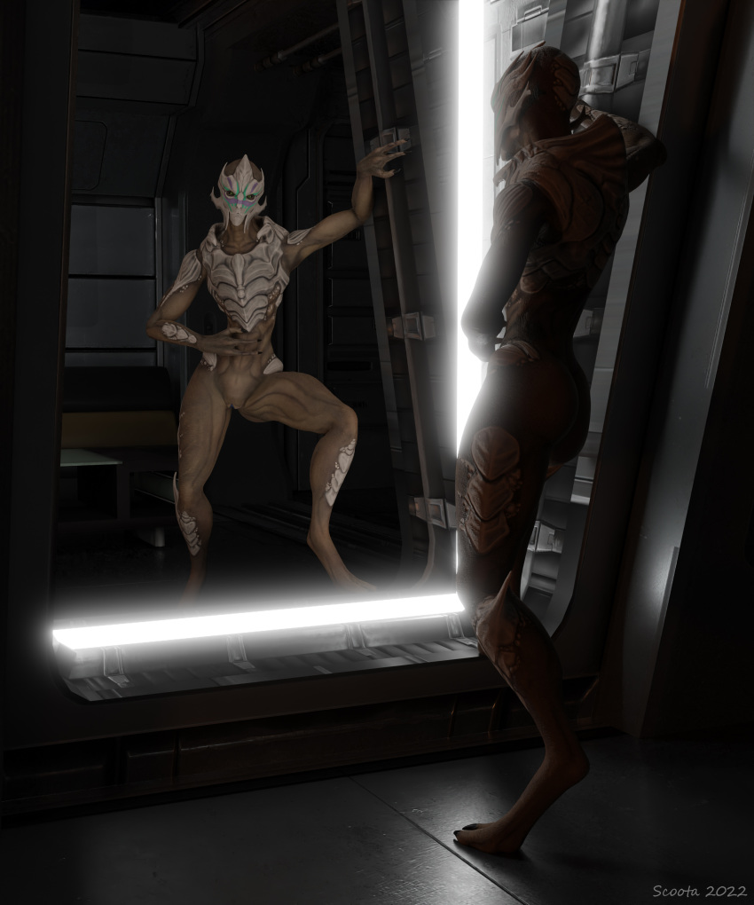 2_toes 3_fingers absurd_res alien butt facial_markings feet female fingers genitals head_markings hi_res humanoid leaning_on_wall light mandibles markings mass_effect metal_floor metal_wall mirror mirror_reflection muscle_tone pussy reflection scoota solo toes turian valenea_oroso video_games