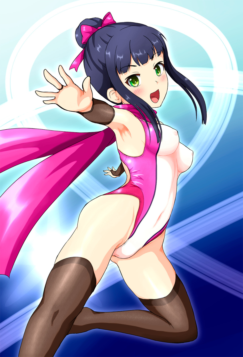1girl black_hair black_legwear black_swimsuit blue_scarf breasts commentary_request competition_swimsuit covered_navel gauntlets green_eyes hair_bun hamaguchi_ayame highleg highleg_swimsuit highres idolmaster idolmaster_cinderella_girls long_hair medium_breasts multicolored_clothes multicolored_swimsuit ninja one-piece_swimsuit rakukisa scarf sidelocks solo swimsuit thighhighs white_swimsuit