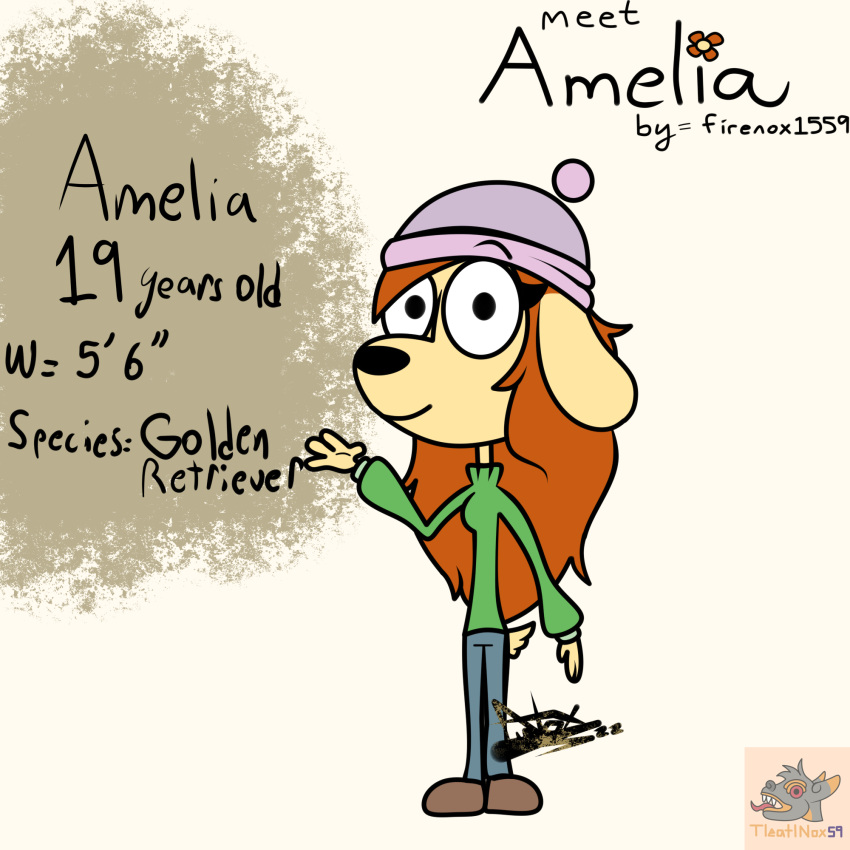 amelia_(firenox1559) anthro bird_dog black_eyes black_nose canid canine canis clothing description domestic_dog english_text female firenox1559 gesture golden_retriever green_clothing hair hi_res hunting_dog looking_at_viewer mammal model_sheet red_hair retriever simple_background smile solo text waving waving_hand yellow_body