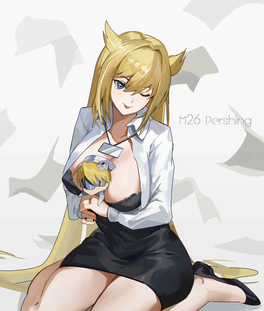 +_+ 1girl ;p ash_arms black_dress black_footwear blue_eyes blush breasts character_doll dress highres long_hair looking_at_viewer m26_pershing_(ash_arms) one_eye_closed sitting smile solo tongue tongue_out ushas very_long_hair wariza