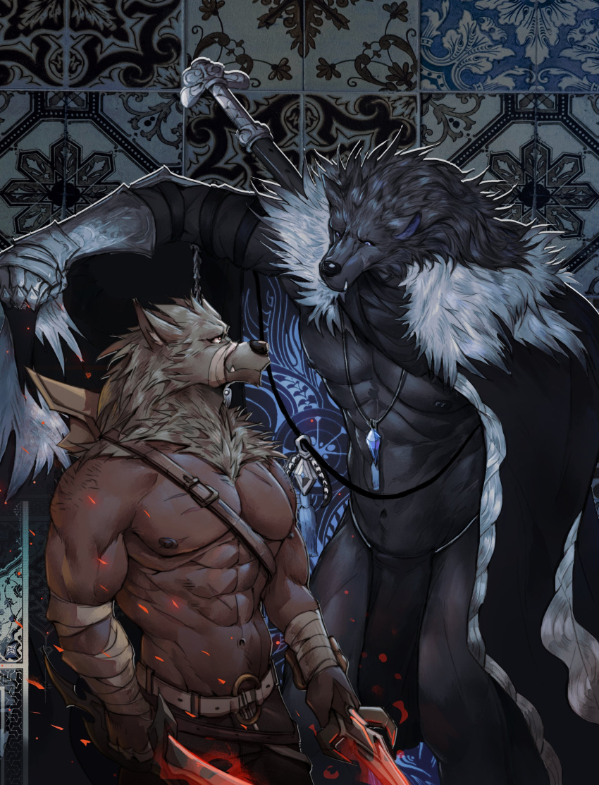 absurd_res anthro black_body black_fur blaidd_(elden_ring) bottomwear canid canine canis cape clothing duo elden_ring eruprior fromsoftware fur hi_res loincloth male male/male mammal melee_weapon scar sword tarnished_(elden_ring) video_games weapon wolf
