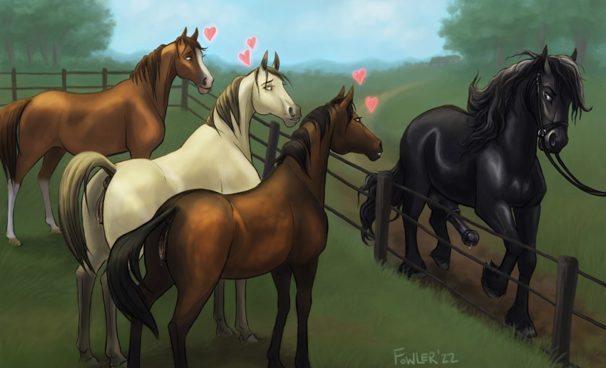&lt;3 admiring animal_genitalia animal_penis animal_pussy anus aroused bodily_fluids bridle butt draft_horse equid equine equine_penis equine_pussy erection feathering female fence feral fowler17 friesian fur genital_fluids genitals glistening glistening_body grass group hooves horse male mammal medial_ring outside paddock penis plant pussy pussy_juice reins smile tree wooden_fence