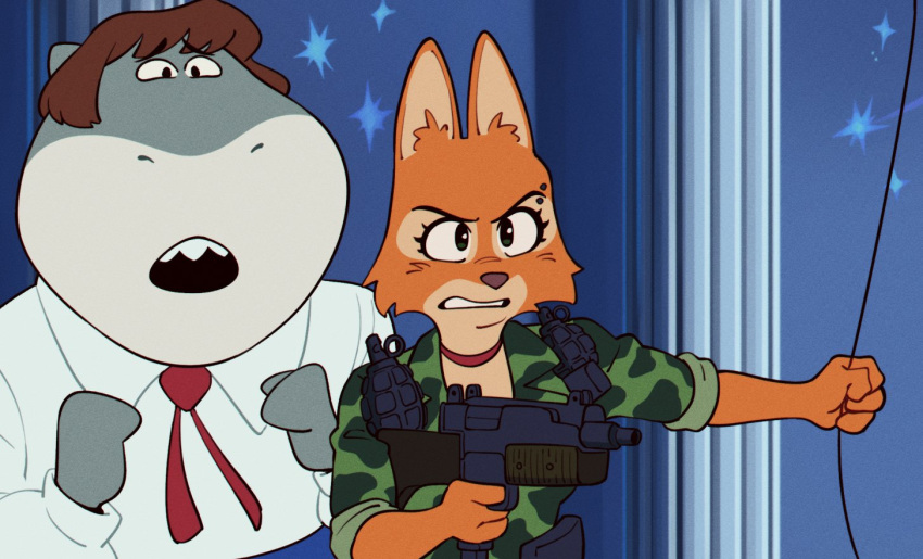 anthro canid canine clothing crossover diane_foxington dreamworks duo explosives female fish fox grenade gun lupin_iii male mammal marine military military_uniform mr._shark_(the_bad_guys) necktie piercing ranged_weapon shark the_bad_guys uniform unseriousguy weapon