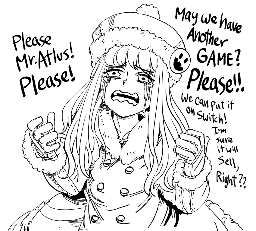 1girl absurdres atlus bb_(baalbuddy) begging buttons coat crying crying_with_eyes_open double-breasted english_commentary fur_trim greyscale gunner_(sekaiju) gunner_2_(sekaiju) hat highres long_hair monochrome open_mouth sekaiju_no_meikyuu sekaiju_no_meikyuu_2 simple_background solo tears upper_body wavy_eyes wavy_mouth white_background