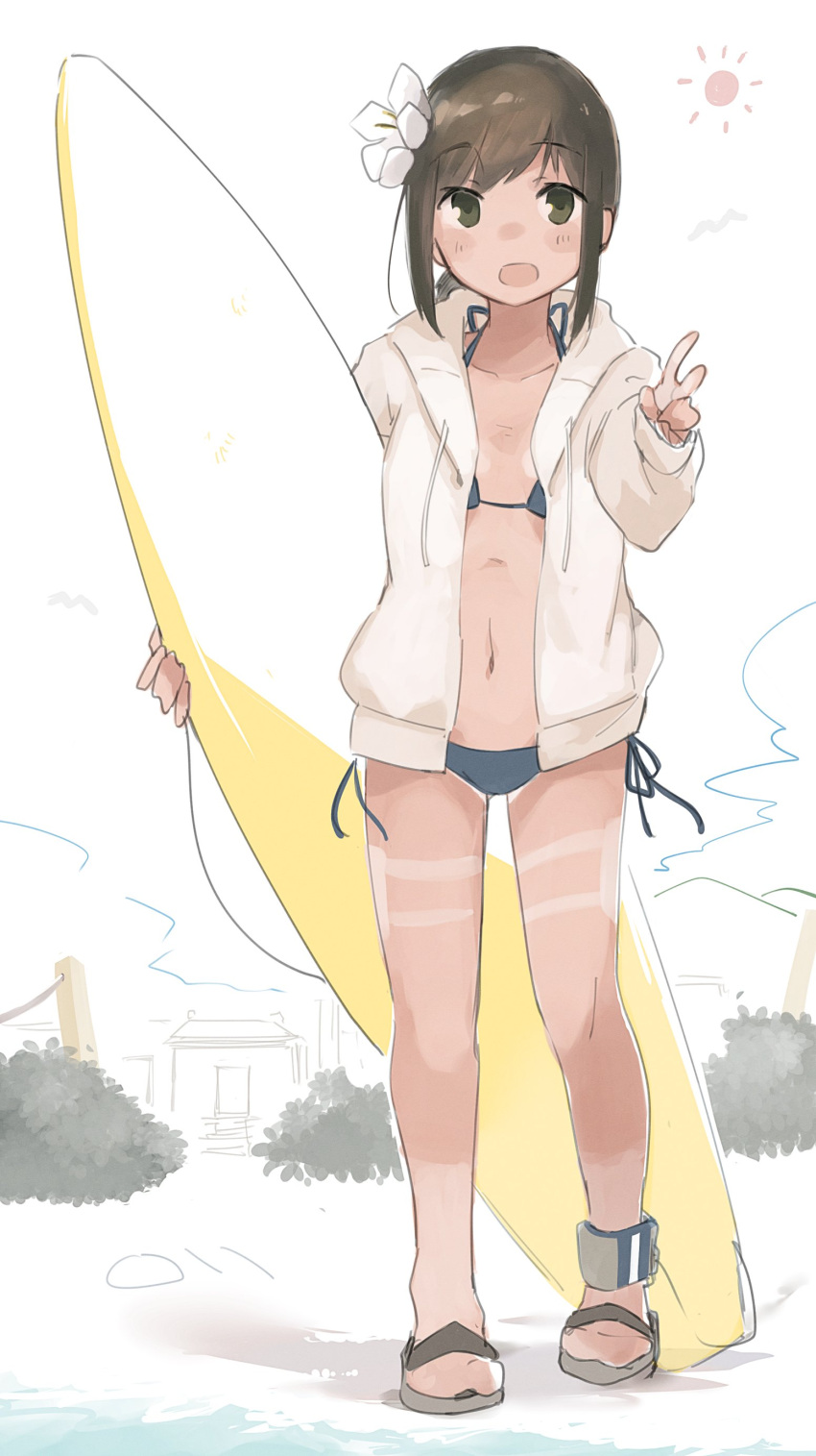 1girl absurdres bikini black_eyes black_hair blue_bikini flat_chest flower fubuki_(kancolle) hair_flower hair_ornament highres hood hooded_jacket hoodie jacket kantai_collection long_hair low_ponytail ma_rukan ponytail sandals short_ponytail side-tie_bikini sidelocks solo standing surfboard swimsuit tan tanlines white_jacket