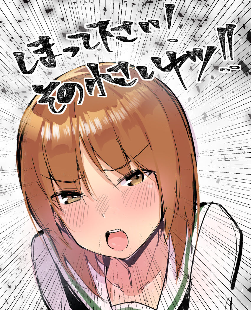 1girl amo_takumi bangs blouse blush brown_eyes brown_hair commentary_request eyebrows_visible_through_hair frown girls_und_panzer half-closed_eyes highres looking_at_viewer nishizumi_miho ooarai_school_uniform open_mouth partial_commentary portrait sailor_collar school_uniform serafuku shirt short_hair shouting sketch solo translated white_sailor_collar white_shirt