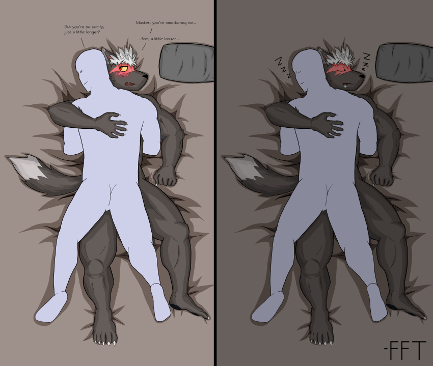 anthro bedding blush canid canine canis duo embrace faceless_character faceless_male fftempest fur grey_body grey_fur hair hi_res human human_on_anthro humanoid interspecies male male/male mammal muscular muscular_male tadatomo thick_thighs video_games white_hair