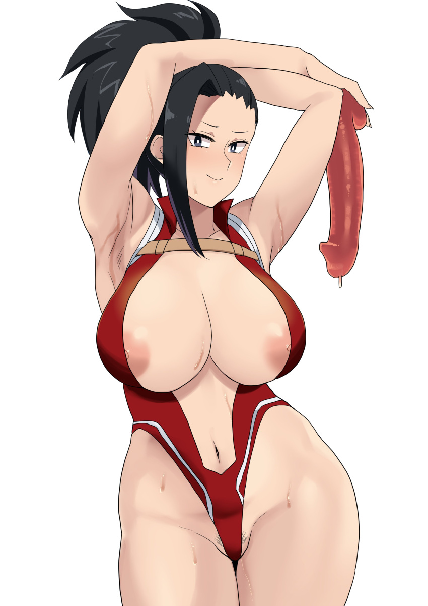 1girl absurdres armpits belly black_eyes black_hair blush boku_no_hero_academia breasts bright_pupils commentary_request cowboy_shot dildo eyes_visible_through_hair groin hair_pulled_back high_collar highleg highleg_leotard highres holding holding_dildo huge_breasts huge_dildo leotard minakami_(flyingman555) nervous_smile nipples open_leotard out_of_frame outline pink_nails ponytail pussy red_leotard sex_toy steam stomach sweatdrop thighs white_pupils yaoyorozu_momo