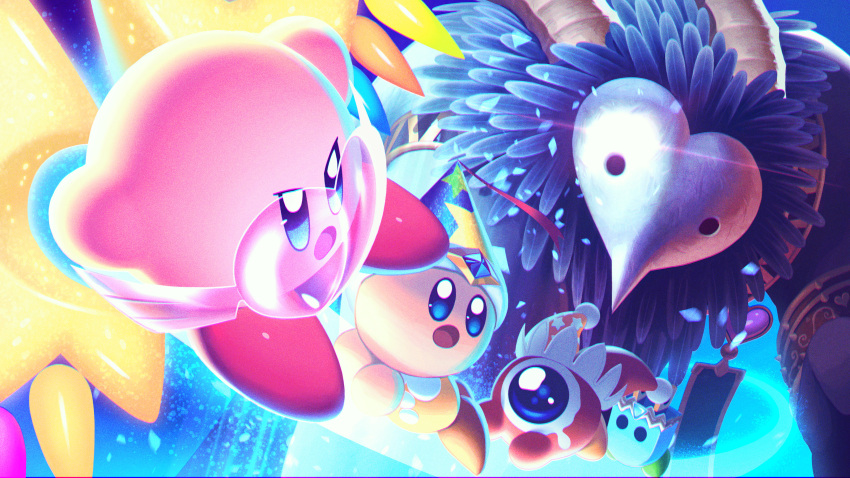 5health absurdres armband black_fur blue_eyes bomber_(kirby) feathers flying frown helmet highres horns kirby kirby:_star_allies kirby_(series) mask one-eyed open_mouth tears tongue void_termina waddle_doo wings