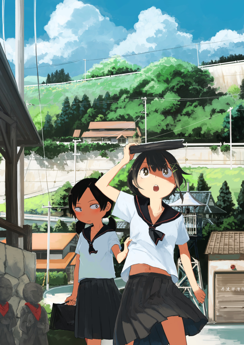 2girls :o absurdres architecture arm_up ascot bag bangs bell black_ascot black_bag black_hair black_sailor_collar blush bright_pupils brown_eyes closed_mouth clothes_grab cloud commentary covering_head day east_asian_architecture grey_skirt hair_ornament highres hill holding holding_bag house inami_hatoko jizou looking_at_another looking_up low_twintails midriff multiple_girls navel open_mouth original outdoors parted_bangs pleated_skirt power_lines road sailor_collar sanpaku scenery school_bag school_uniform serafuku shade shirt shirt_tug short_hair short_sleeves skirt sky street teeth tower town translation_request tree twintails upper_teeth utility_pole white_pupils white_shirt wind x_hair_ornament