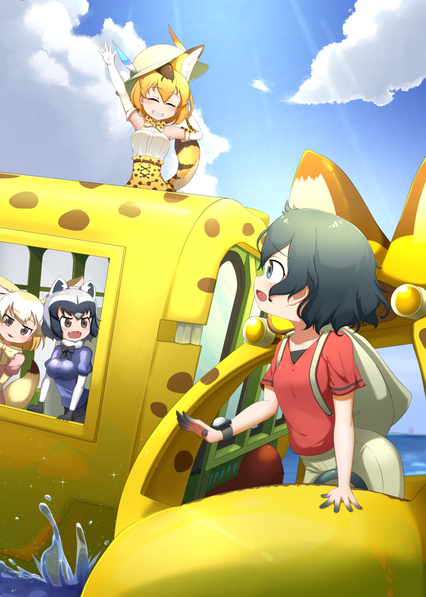 4girls absurdres animal_ears arm_up backpack bag bangs black_bow black_bowtie black_eyes black_gloves black_hair blonde_hair blue_shirt blue_sky blurry blurry_background bow bowtie brown_eyes chis_(js60216) closed_eyes cloud cloudy_sky commentary common_raccoon_(kemono_friends) day depth_of_field driving elbow_gloves fang fennec_(kemono_friends) fox_ears gloves grey_hair grey_headwear grey_shorts grin hat_feather hat_theft helmet high-waist_skirt highres horizon japari_bus kaban_(kemono_friends) kemono_friends looking_at_another looking_back multiple_girls ocean on_vehicle open_mouth outdoors pink_sweater pith_helmet print_bow print_bowtie print_skirt puffy_short_sleeves puffy_sleeves raccoon_ears red_shirt riding serval_(kemono_friends) serval_print shirt short_hair short_sleeves shorts skirt sky sleeveless sleeveless_shirt smile splashing sweater t-shirt watch waving wavy_hair white_gloves wristwatch yellow_bow yellow_bowtie yellow_skirt