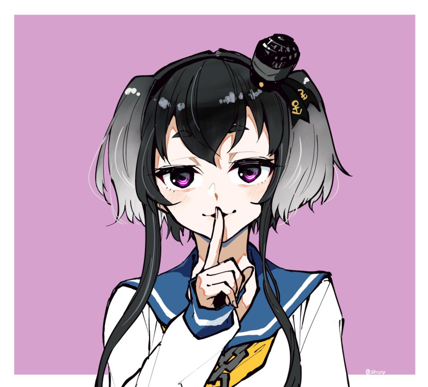 1girl bangs black_hair blue_sailor_collar dress finger_to_mouth gradient_hair grey_hair hair_between_eyes highres index_finger_raised kantai_collection long_sleeves looking_at_viewer multicolored_hair neckerchief purple_eyes sailor_collar shide_kouri short_hair_with_long_locks simple_background solo tokitsukaze_(kancolle) twitter_username two-tone_background upper_body white_dress yellow_neckerchief