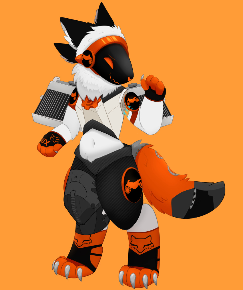 absurd_res anthro black_ears carbon_fiber claws clothing enduro floating_limbs full-length_portrait fur gas_tank gloves handwear hi_res ittybittiestpawz knee_brace machine male motorcycle orange_background orange_eyes portrait protogen radiator simple_background solo vehicle white_body white_fur