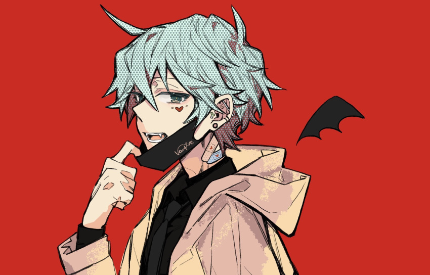 1boy artworks218 bandages black_mask blue_eyes blue_hair earrings fangs formal genderswap genderswap_(ftm) hatsune_mikuo highres jacket jewelry looking_at_viewer male_focus mask mask_pull mouth_mask open_mouth red_background screentones smile suit vampire_(vocaloid) vocaloid yellow_jacket