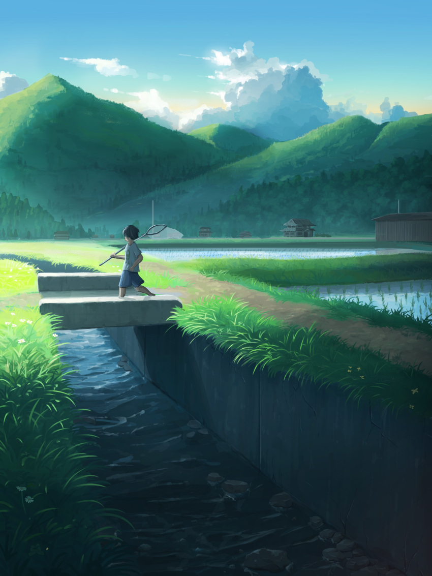 1boy black_hair blue_shorts building butterfly_net commentary grass hand_net highres holding holding_butterfly_net mountain okayuu original outdoors rice_paddy river rock rural scenery shirt shorts solo summer walking water white_shirt wide_shot