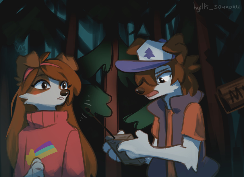 2022 anthro brown_hair brown_nose canid canine canis clothed clothing detailed_background digital_media_(artwork) domestic_dog duo female forest grass hair hi_res hyilpi male mammal night outside plant tree