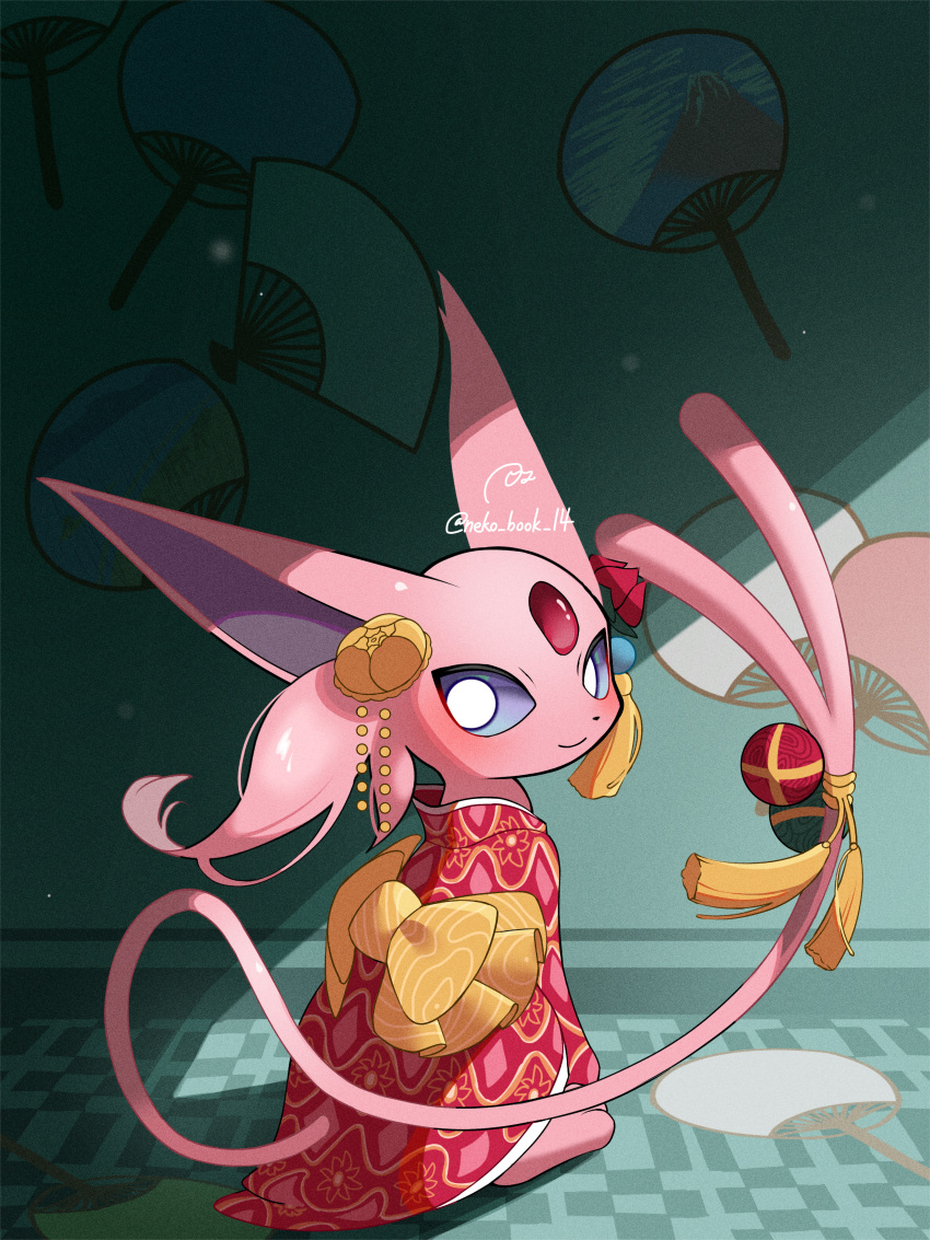 absurdres blush bright_pupils closed_mouth clothed_pokemon espeon forked_tail grey_eyes highres japanese_clothes kashiwa_gnu kimono looking_at_viewer looking_back no_humans pokemon pokemon_(creature) pokemon_(game) pokemon_unite red_kimono sitting smile solo tail white_pupils