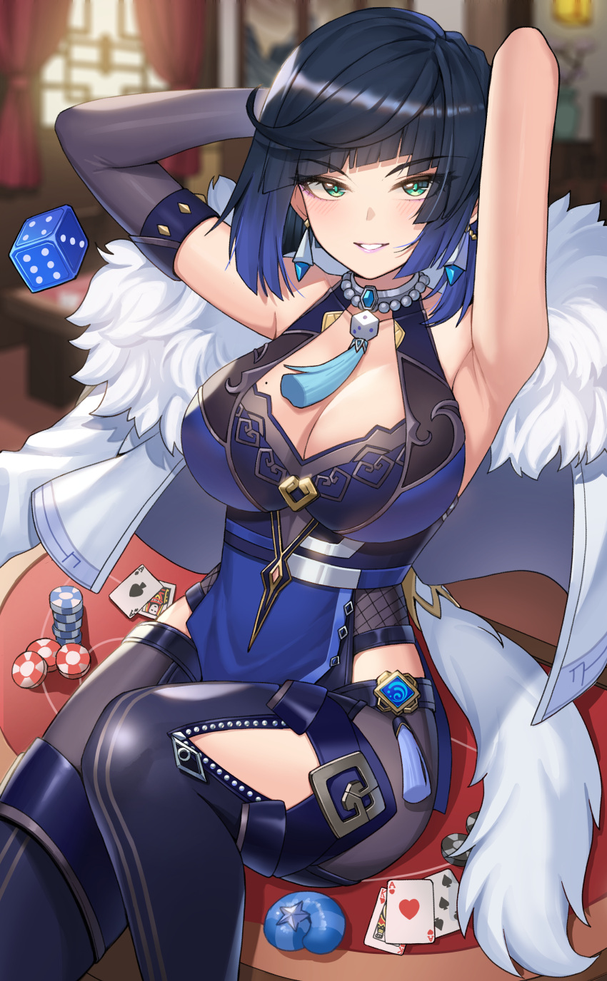 1girl absurdres ace_of_hearts ace_of_spades armpits arms_behind_head arms_up bangs black_hair blue_hair blunt_bangs blush bob_cut breasts card cleavage commentary dice earrings elbow_gloves genshin_impact gloves gradient_hair green_eyes grey_gloves grin heart highres indoors jewelry large_breasts looking_at_viewer mole mole_on_breast multicolored_hair nanni_jjang parted_lips poker_chip revision short_hair single_glove sitting sleeveless smile solo spade_(shape) thighs vision_(genshin_impact) yelan_(genshin_impact)