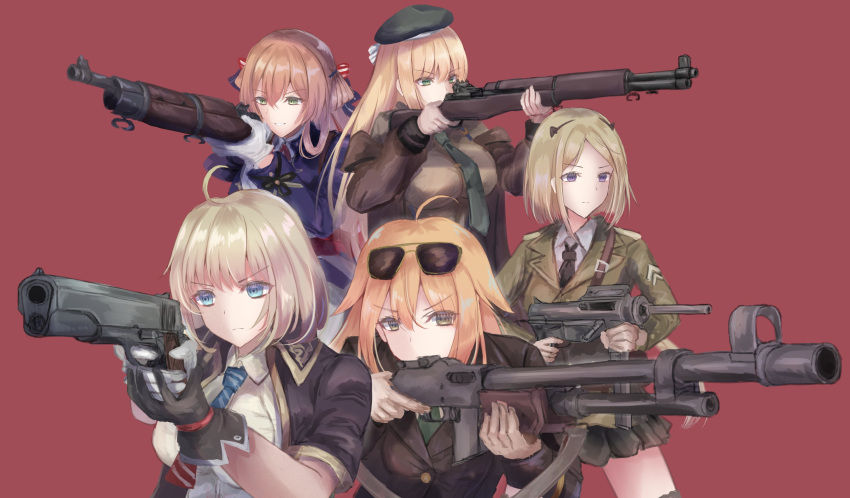 5girls absurdres ahoge american_flag american_flag_print eyewear_on_head finger_on_trigger flag_print girls'_frontline gloves gun handgun highres holding holding_gun holding_weapon m1903_springfield m1911 m1911_(girls'_frontline) m1918_(girls'_frontline) m1918_bar m1_garand m1_garand_(girls'_frontline) m3_(girls'_frontline) m3_submachine_gun machine_gun martinreaction military military_uniform multiple_girls nationality_connection necktie red_background rifle springfield_(girls'_frontline) submachine_gun sunglasses trigger_discipline uniform weapon