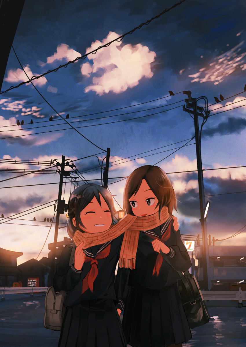 2girls ^_^ absurdres bag bangs bird black_sailor_collar black_serafuku black_skirt blue_eyes blue_hair blue_sky brown_hair brown_scarf checkered_clothes checkered_scarf closed_eyes cloud cloudy_sky commentary convenience_store english_commentary evening facing_another film_grain fringe_trim grin guard_rail hand_on_another's_shoulder hand_up highres holding holding_bag inami_hatoko long_sleeves looking_at_another mixed-language_commentary multiple_girls neckerchief original outdoors parted_bangs parted_lips pleated_skirt power_lines railing red_neckerchief sailor_collar scarf school_bag school_uniform serafuku shared_clothes shared_scarf shop shoulder_bag skirt sky smile teeth utility_pole vending_machine yuri