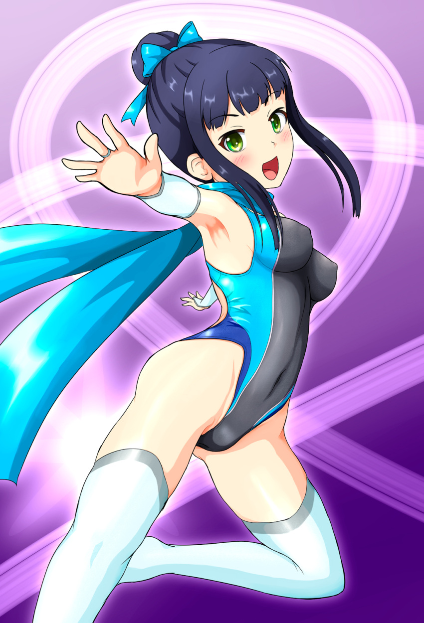 1girl black_hair black_legwear black_swimsuit blue_scarf breasts commentary_request competition_swimsuit covered_navel gauntlets green_eyes hair_bun hamaguchi_ayame highleg highleg_swimsuit highres idolmaster idolmaster_cinderella_girls long_hair medium_breasts multicolored_clothes multicolored_swimsuit ninja one-piece_swimsuit rakukisa scarf sidelocks solo swimsuit thighhighs