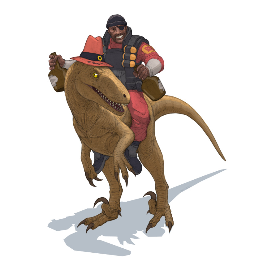 alcohol beverage black_clothing boots bottle brown_body bulletproof_vest clothed clothing demoman_(team_fortress_2) digital_media_(artwork) dinosaur dromaeosaurid dual_wielding explosives eye_patch eyewear feral footwear friends graphite_(artwork) grenade hat headgear headwear hi_res holding_beverage holding_object holding_weapon human looking_at_viewer male male/male mammal mixed_media open_mouth rappy_(character) red_clothing reptile riding scalie scrumpy shadow simple_background sitting smile standing team_fortress_2 theropod traditional_media_(artwork) valve velociraptor video_games weapon white_background yellow_eyes zw3