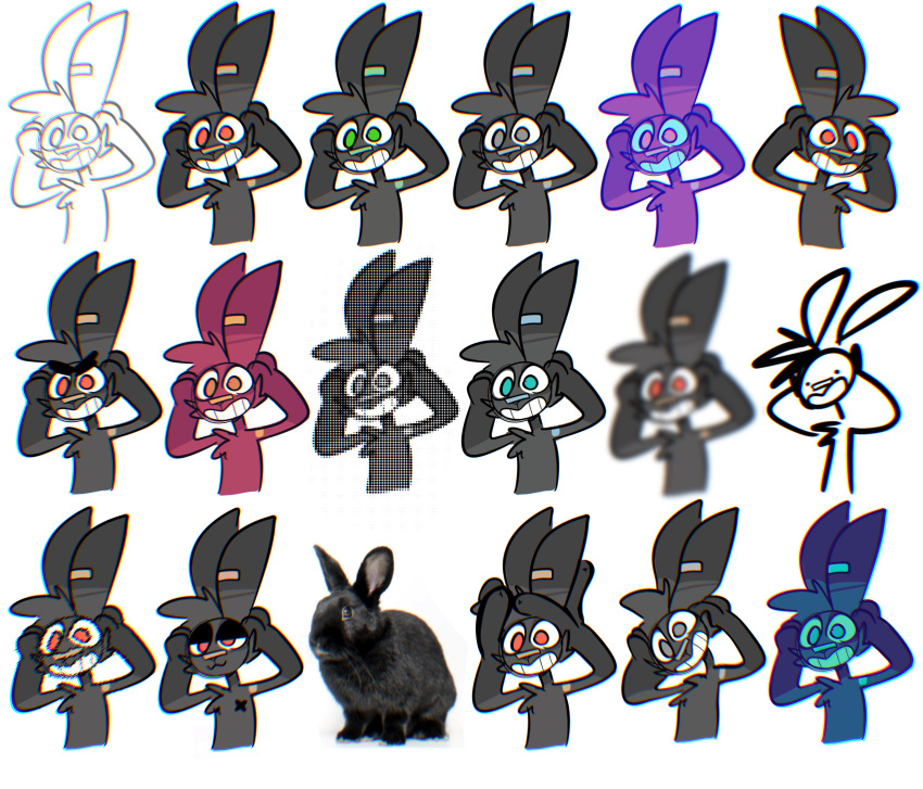 absurd_res anthro band-aid band-aid_on_nose bandage black_body black_fur cheek_tuft chest_tuft facial_tuft fur grey_body grey_fur grin half-closed_eyes hi_res humor lagomorph leporid male mammal multiple_images narrowed_eyes nix_(the_xing1) rabbit simple_background smile solo the_xing1 tuft white_background wide_eyed