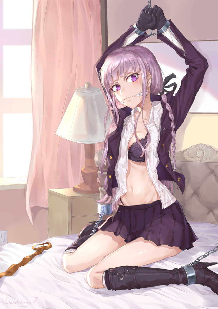 1girl arm_above_head bangs bed bed_sheet black_bra black_footwear black_jacket black_skirt blush boots bra braid breasts chain chained chained_wrists chains collarbone commentary_request curtains danganronpa danganronpa_1 gag gagged gloves hair_ornament hair_ribbon highres jacket kaer_sasi_dianxia kirigiri_kyouko lamp long_hair looking_at_viewer medium_breasts navel necktie necktie_removed on_bed open_clothes open_shirt purple_eyes purple_hair restrained ribbon school_uniform shirt side_braid signature single_braid sitting sitting_on_bed skirt solo underwear white_bed_sheet white_shirt window